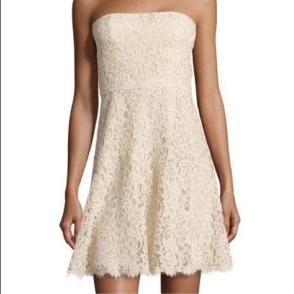 Diane Von Furstenburg Amira Lace Strapless A-Line Mini Dress Beige Size 8
